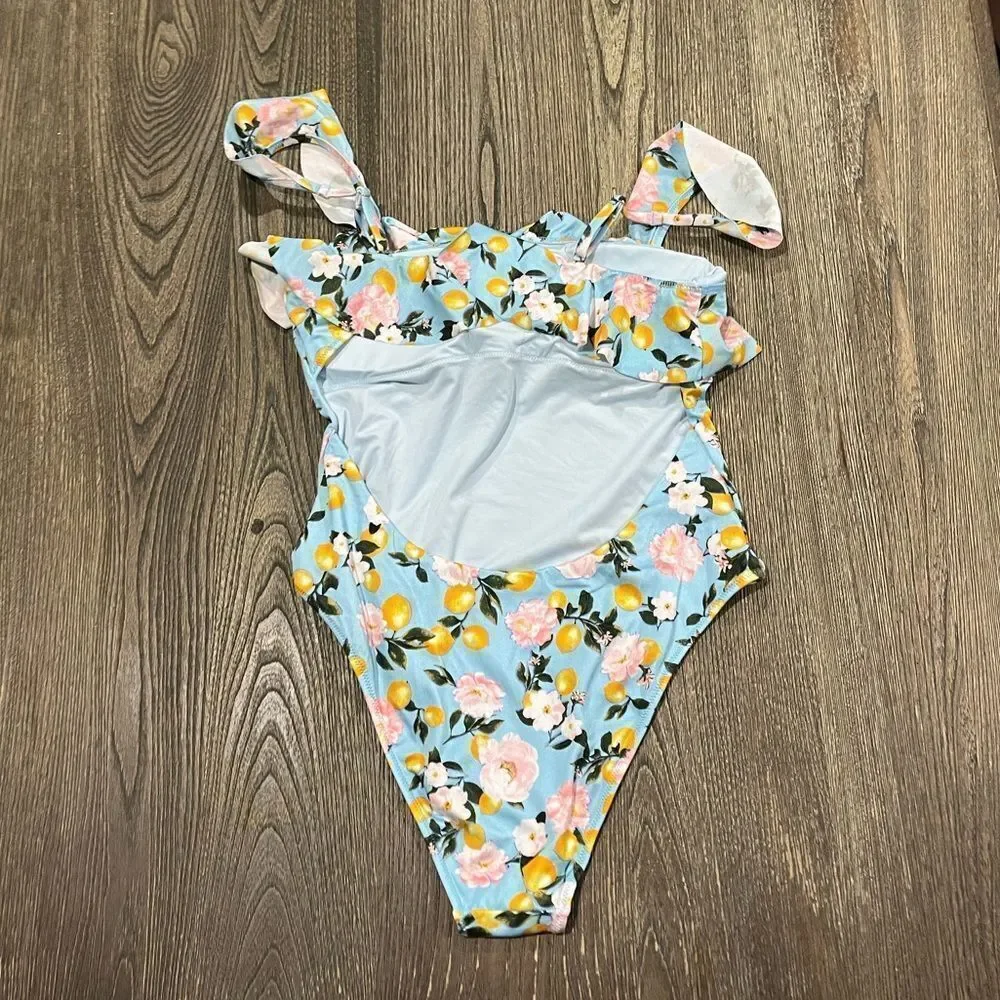 NWOT Victoria's Secret One-Piece Swimsuit Floral Lemon Cut-Out Back Blue Medium